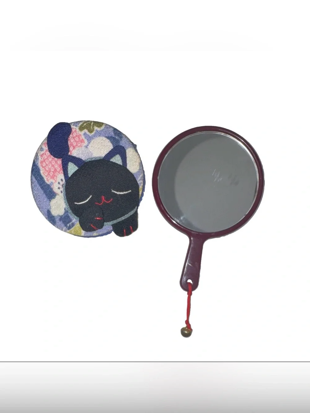 Round Handheld Mirror with Fabric Cover, Burgundy Handle, Cat Design